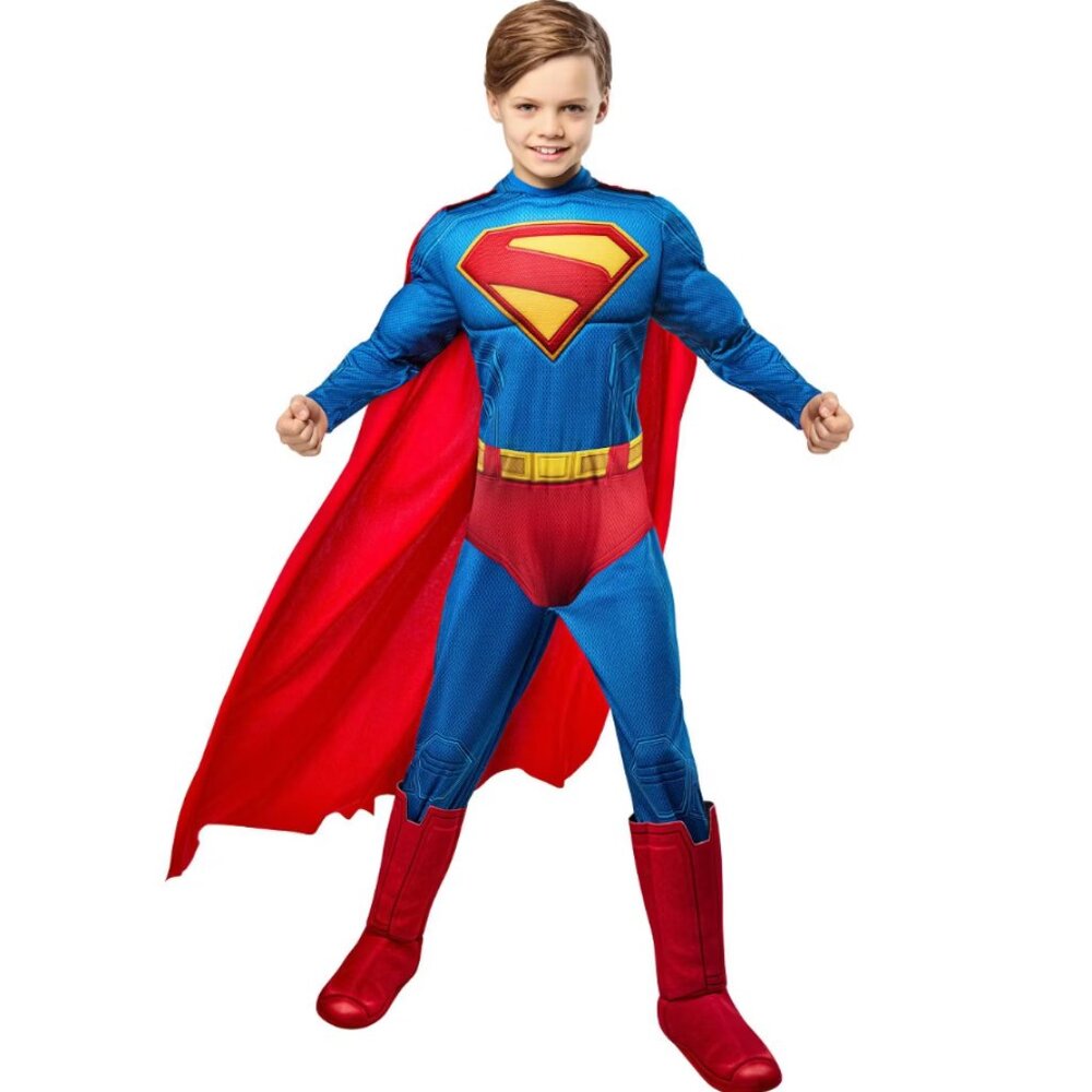Superman Light Up Muscle Halloween Costume 10/12 Jumpsuit Boot Covers Cape Kids